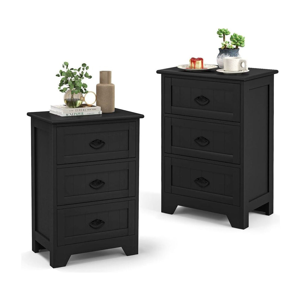 2 Pack Vintage 3-Tier Nightstand with Exquisite Metal Handles, two black nightstands with three drawers each