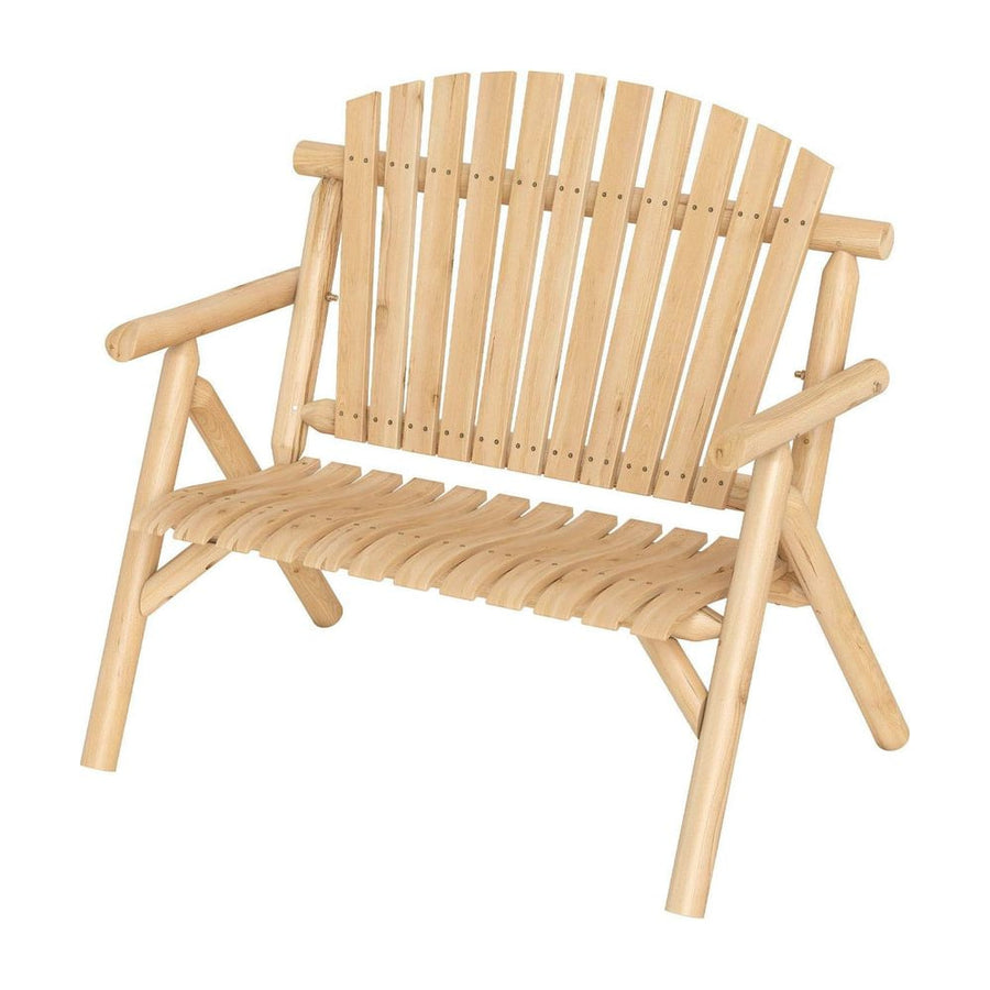 2-PersonLog Wood Patio Bench with Slatted Backrest Built-in Armrest and Curved Seat-Natural