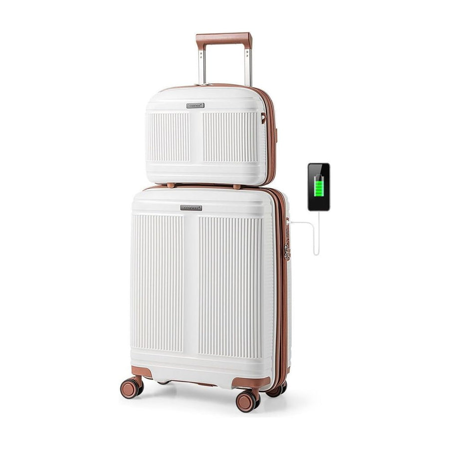 2-Piece Luggage Set in white with rose gold trim and a mobile phone charging from the suitcase