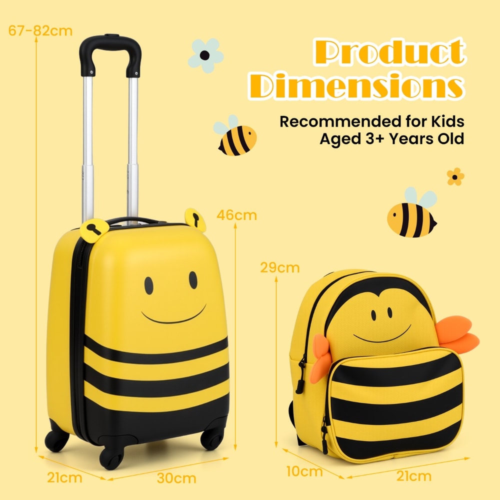 The kids luggage shown with height and width measurements on a yellow background