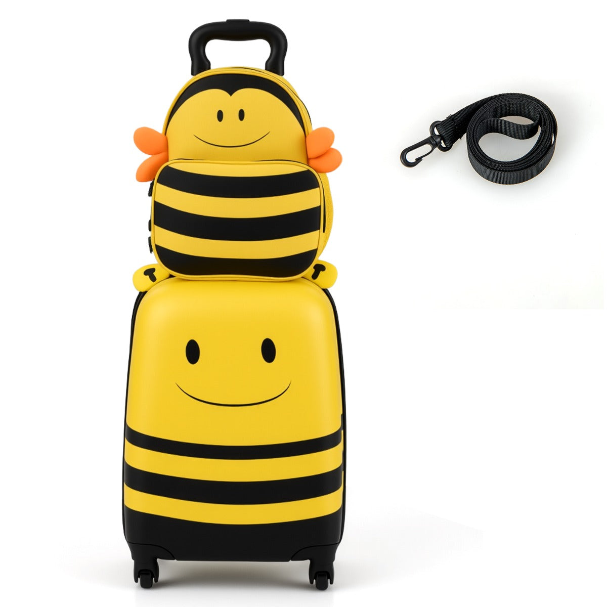 The kids luggage stacked together with an included black safety strap
