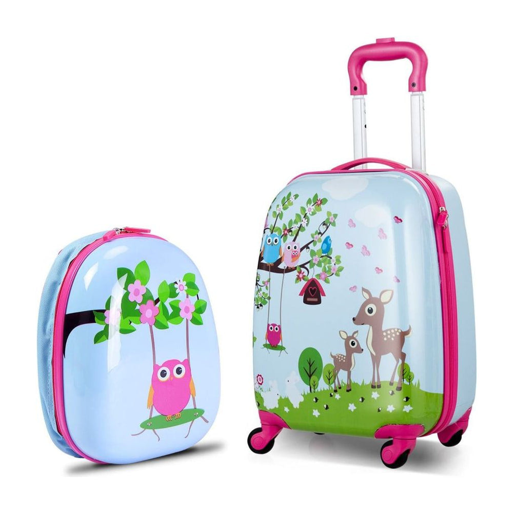 2 Pieces Kids Luggage Set with a rolling suitcase and a backpack featuring a forest scene with owls and deer