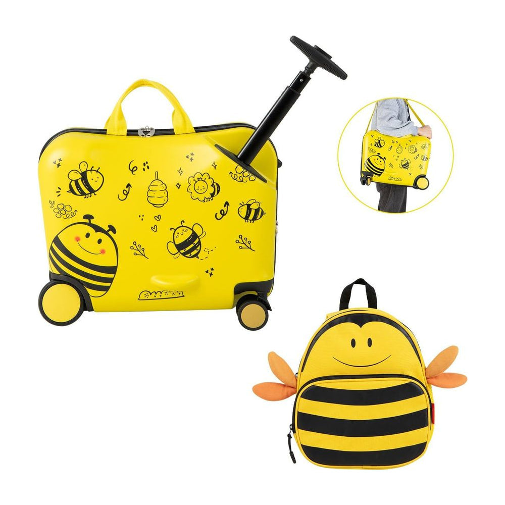 2 Pieces Kids Luggage Set with spinner wheels and anti-lose rope in yellow with a bee design