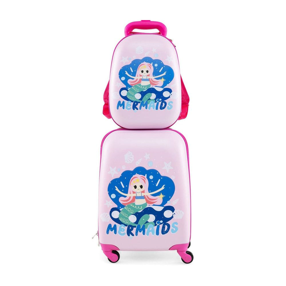 2 Pieces Kids Luggage Set with wheels and adjustable handle in light purple with mermaid design