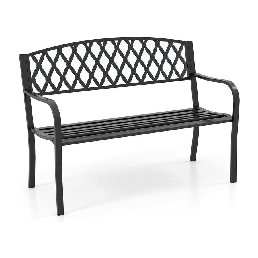 2-Seater Heavy-Duty Metal Garden Bench with Curved Seat and Armrests-Black