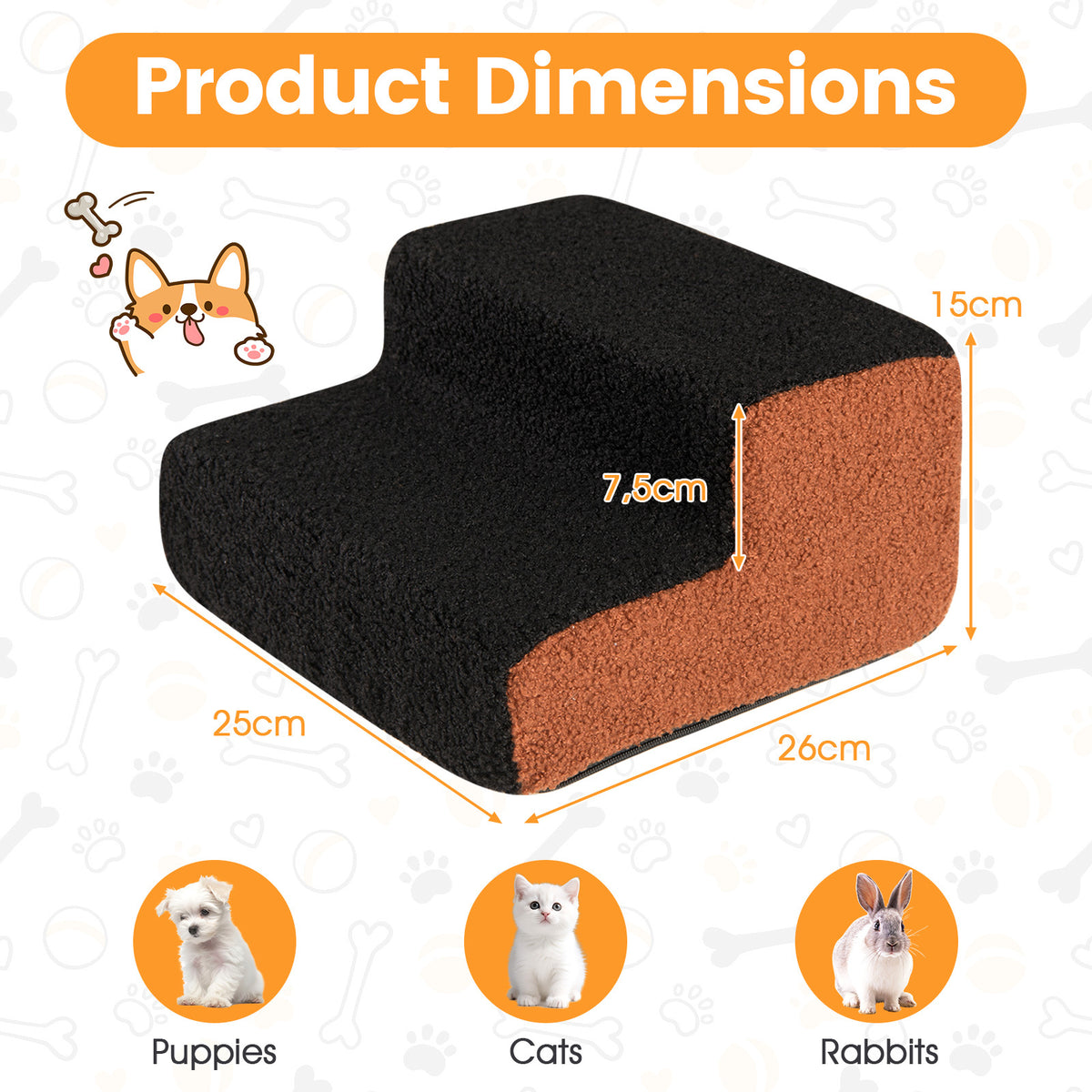 2-tier Foam Dog Ramp High-density Pet Stairs with Non-Slip Bottom-Black