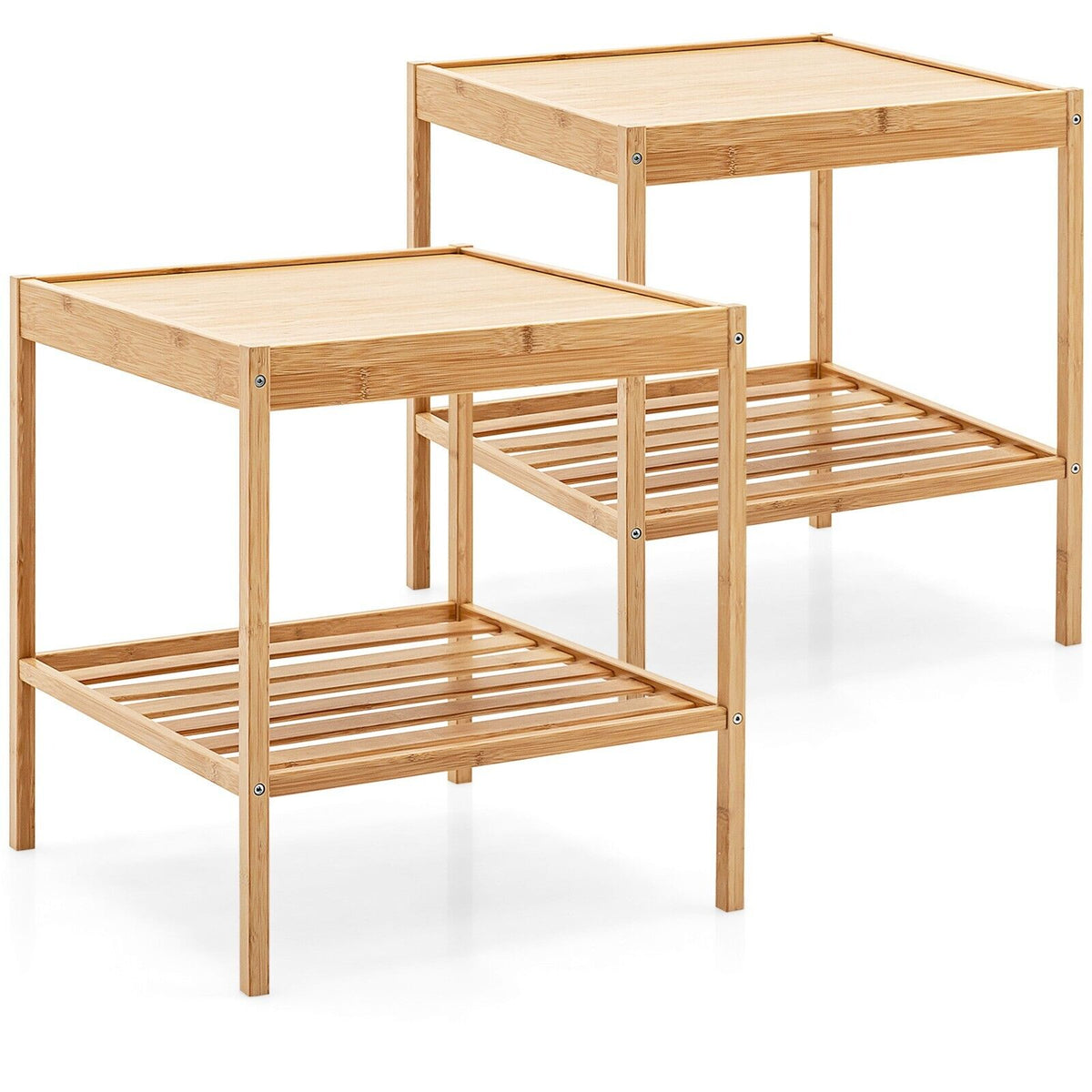 2-tier Bamboo Bedside Tables Set of 2 with Storage Shelf-Natural, showing two tables side by side