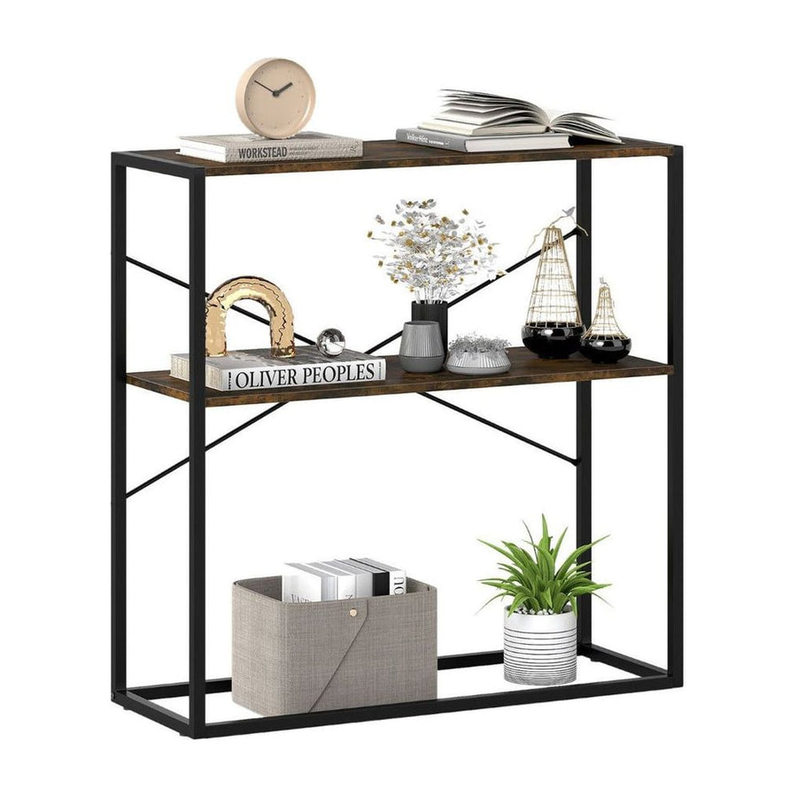 2-Tier Entryway Table with rustic brown shelves and black metal frame decorated with home accessories