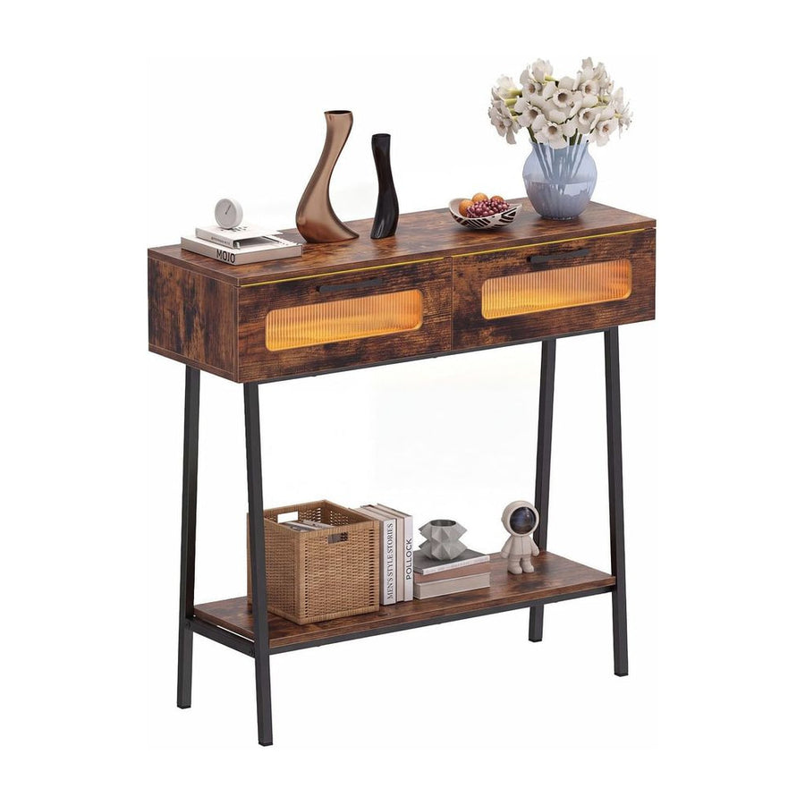 2-Tier Farmhouse Console Table with colorful LED lights and open shelf in coffee finish