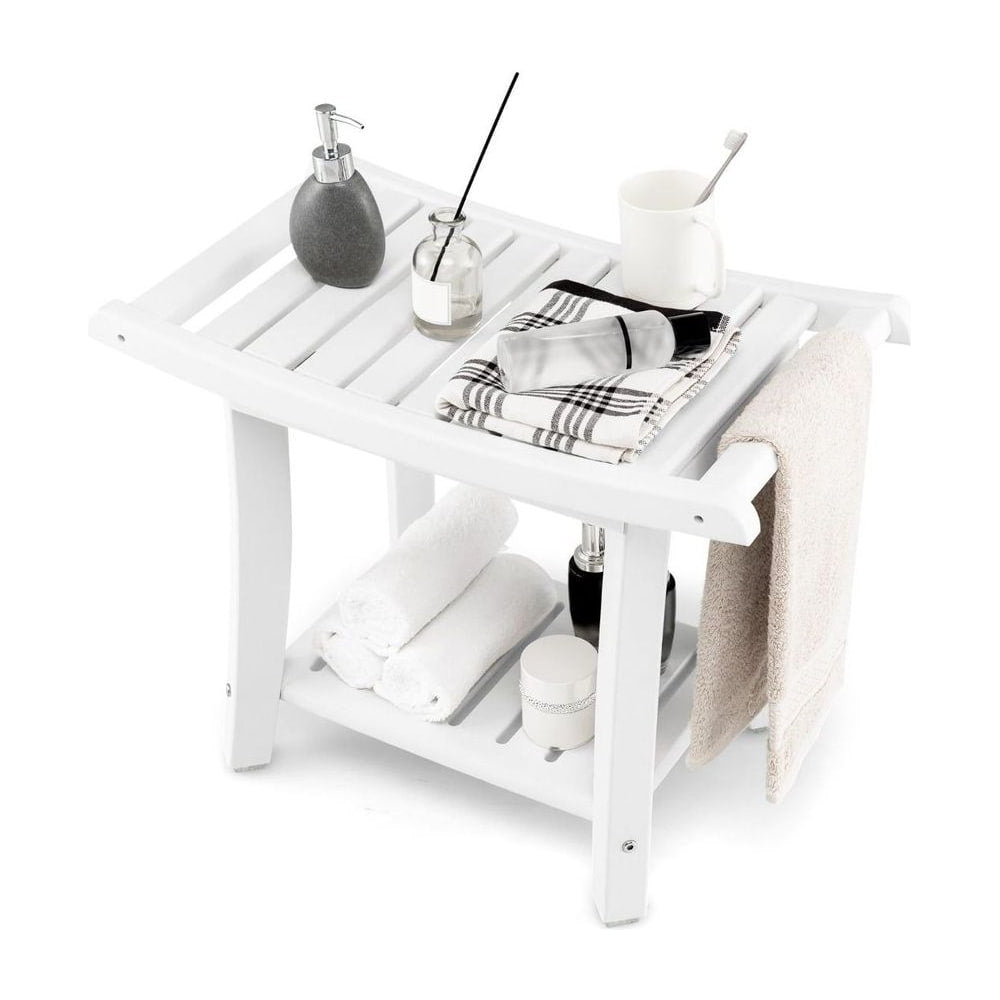 2-tier HDPE Waterproof Shower Bench with Curved Seat in white, with a slatted top and shelf