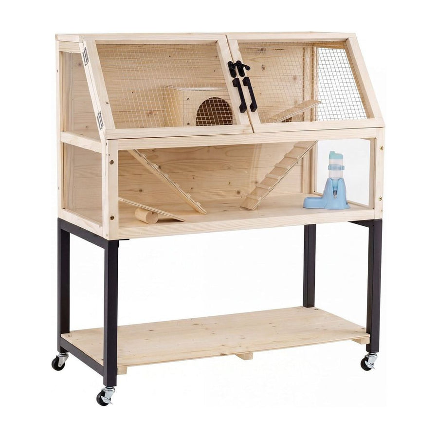 2-Tier Small Animal Habitat with Acrylic Windows Lockable Casters and Storage Shelf-Natrual