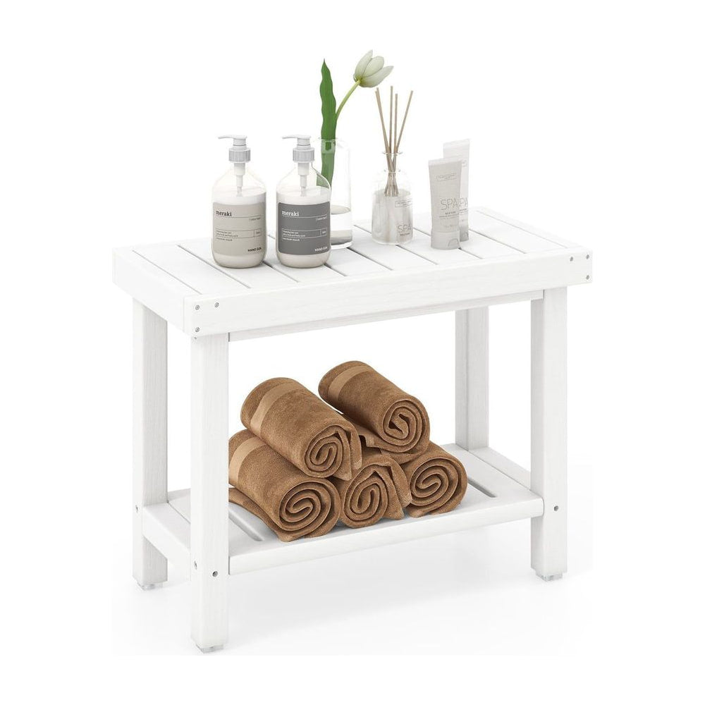 2-Tier Waterproof HDPE Bathroom Shower Stool with Storage Shelf holding bathroom bottles and towels