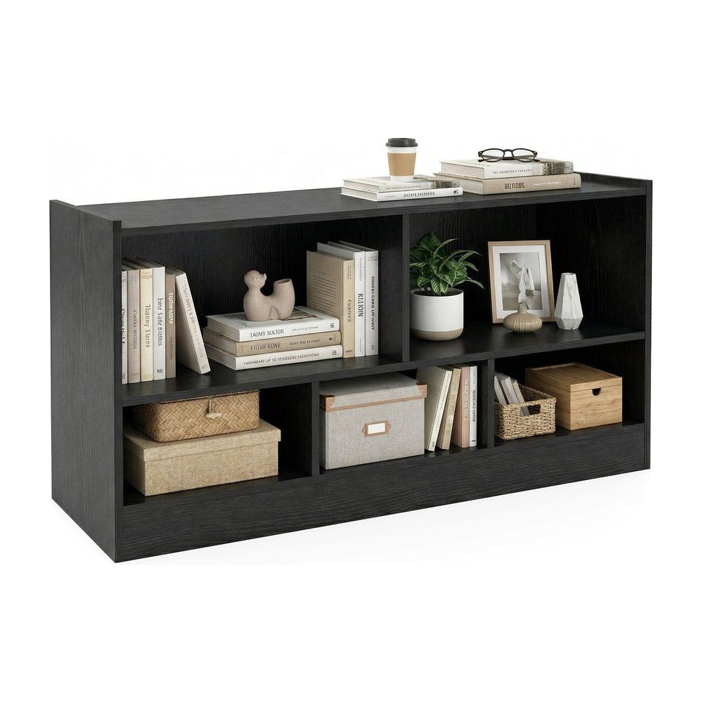 2-Tier Wooden Kids Bookcase with five compartments in black