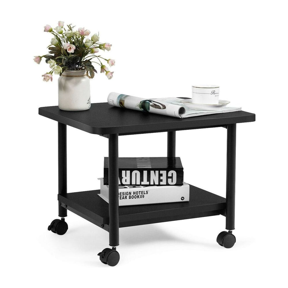 2 Tier Wooden Printer Stand with 360° Swivel Casters in black, with a vase of flowers and magazines on top