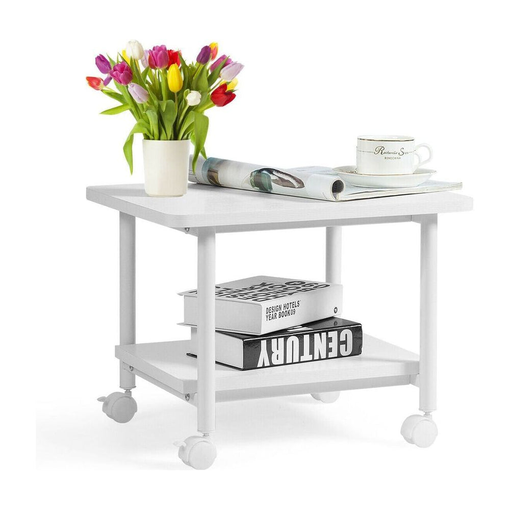2 Tier Wooden Printer Stand with 360° Swivel Casters holding books and a vase of flowers