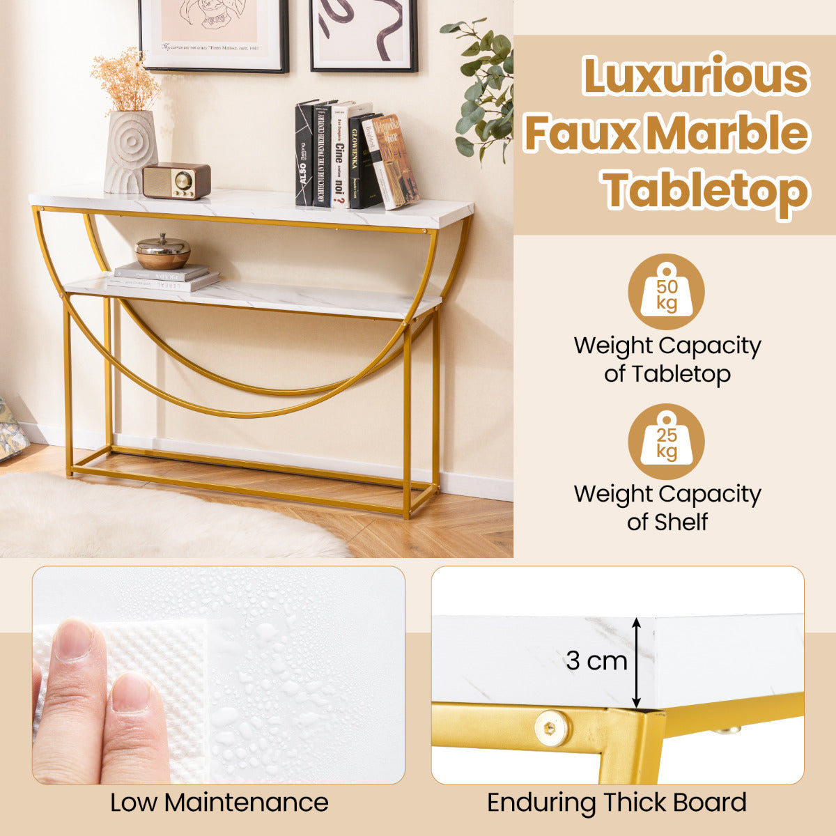 2-Tier Faux Marble Top Console Table with Storage Shelf-White & Golden