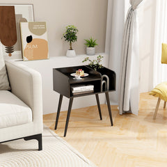 2-Tier Mid Century Modern Nightstand with Open Shelves-Black