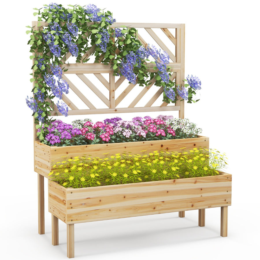 2-Tier Raised Garden Bed with Trellis and Drainage Hole-Natural