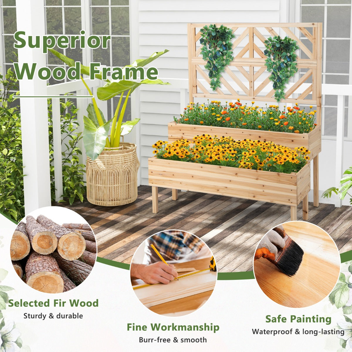 2-Tier Raised Garden Bed with Trellis and Drainage Hole-Natural