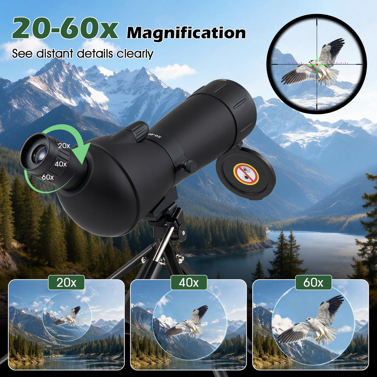 20-60x60 HD Spotting Scope with Tripod and Phone Adapter for Birds-Black
