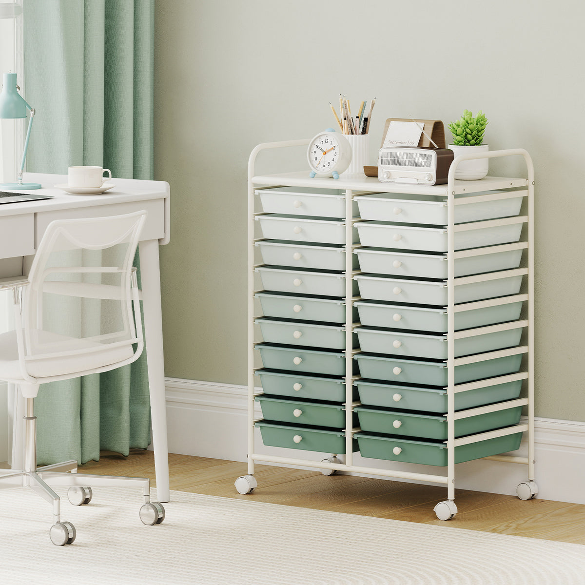 20 Drawers Storage Trolley with 4 Wheels for Beauty Salon-Green