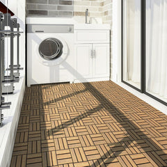 Acacia wood interlocking floor tiles installed on a small balcony with a washing machine