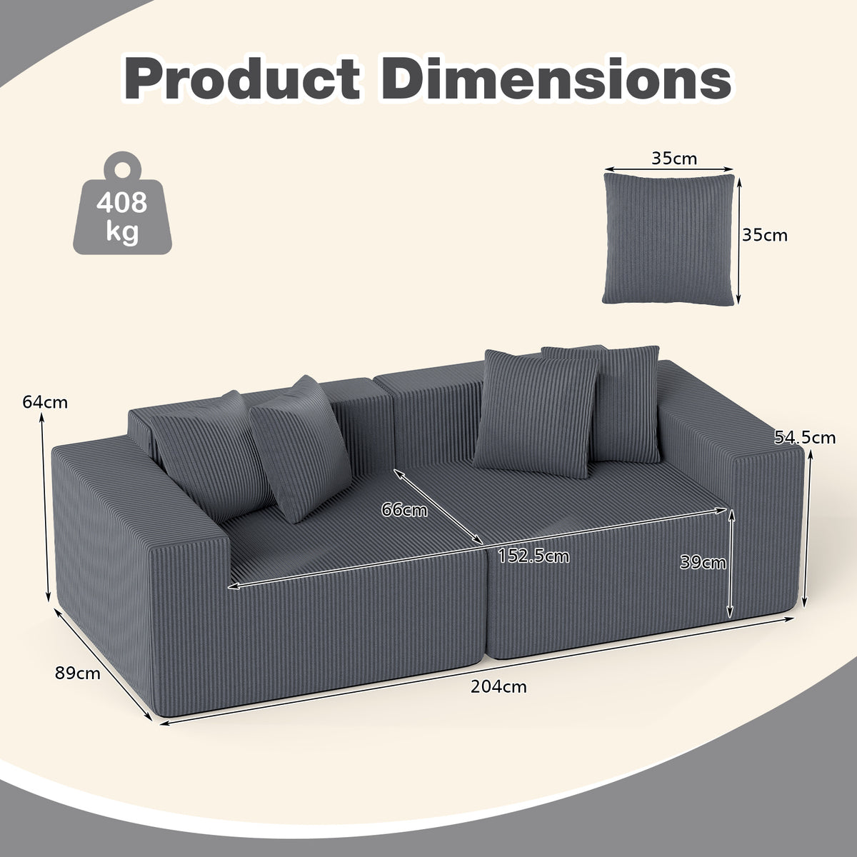 The loveseat shown with technical lines and arrows indicating the overall product dimensions