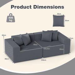 204 cm Boneless Sofa Couch Corduroy Upholstered Loveseat with Deep Seat and Backrest-Grey