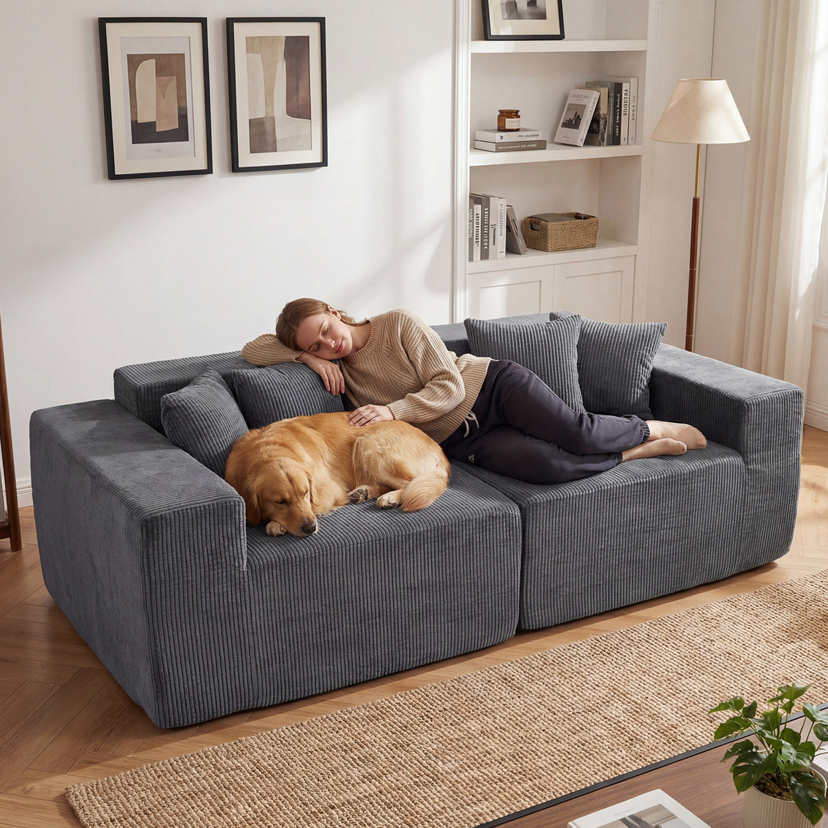 204 cm Boneless Sofa Couch Corduroy Upholstered Loveseat with Deep Seat and Backrest-Grey