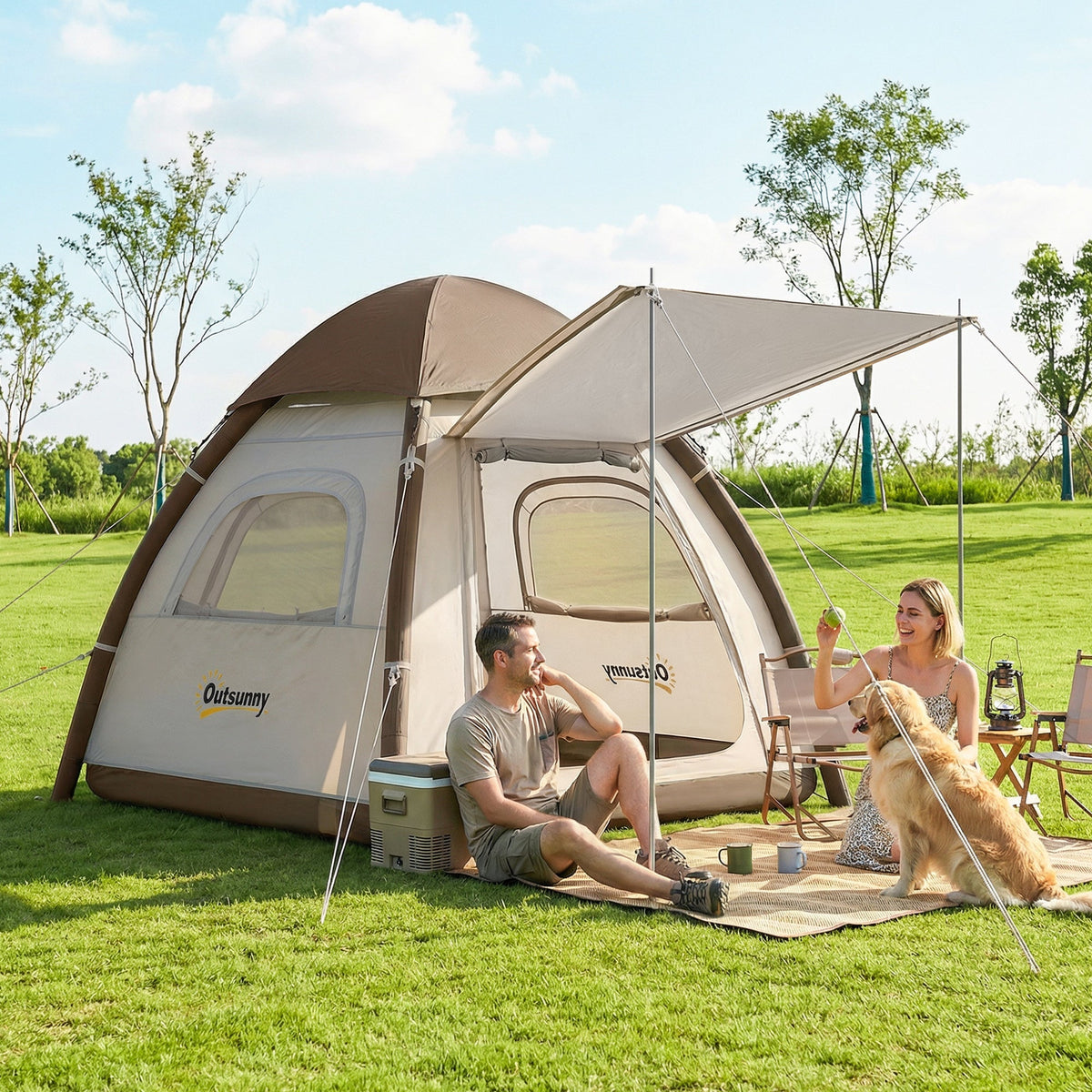Outsunny Inflatable Camping Tent with Rainfly, 3 Man Air Tent 3000mm Waterproof Blow Up Tents, Cream