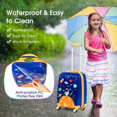 The kids suitcase being used by a child in the rain, with text about waterproof features