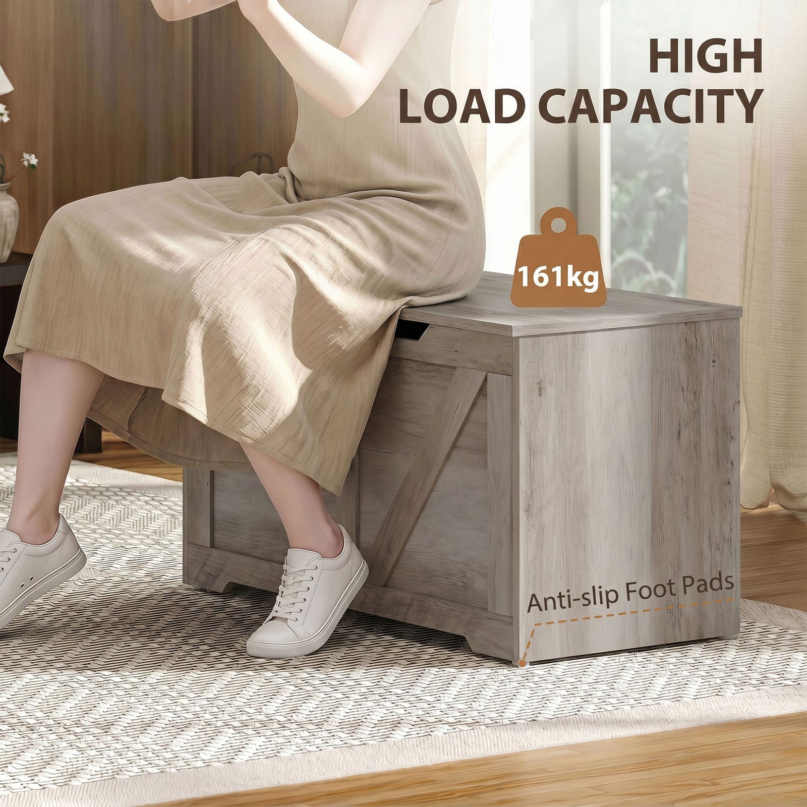 HOMCOM 127L Home Storage Box, with Safety Hinges - Grey Wood-Effect