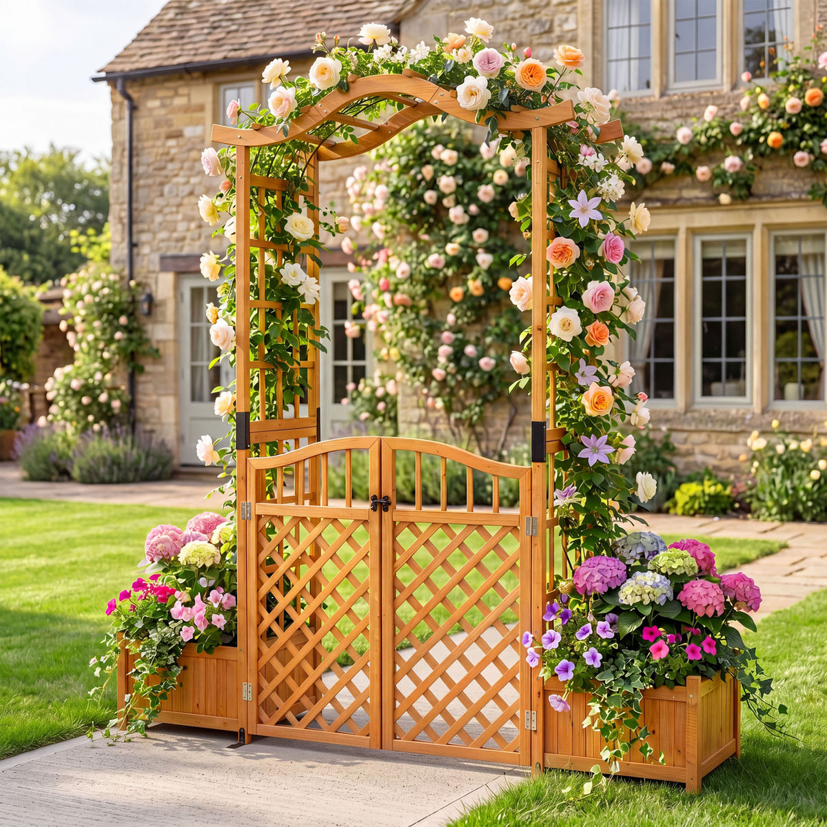 210 cm Garden Arbor with Gate for Climbing Plants Wedding-Brown