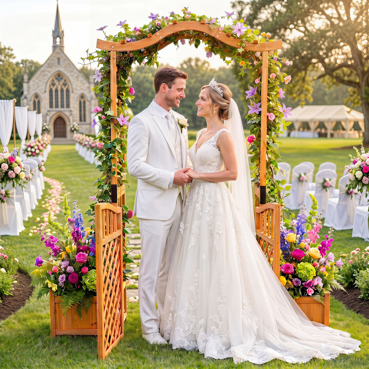 210 cm Garden Arbor with Gate for Climbing Plants Wedding-Brown