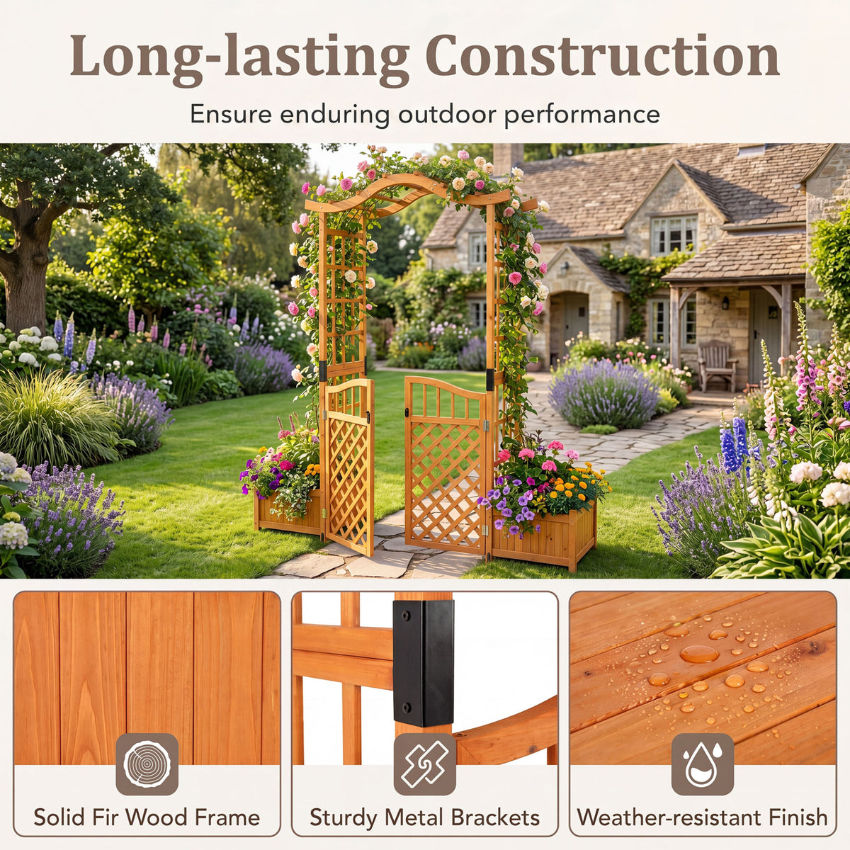 210 cm Garden Arbor with Gate for Climbing Plants Wedding-Brown