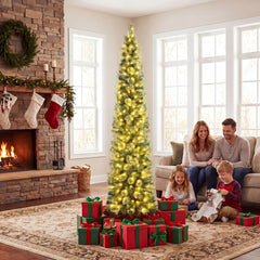 210 cm Pre-lit Pencil Christmas Tree with 120/150 Warm White LED Lights and 8 Modes
