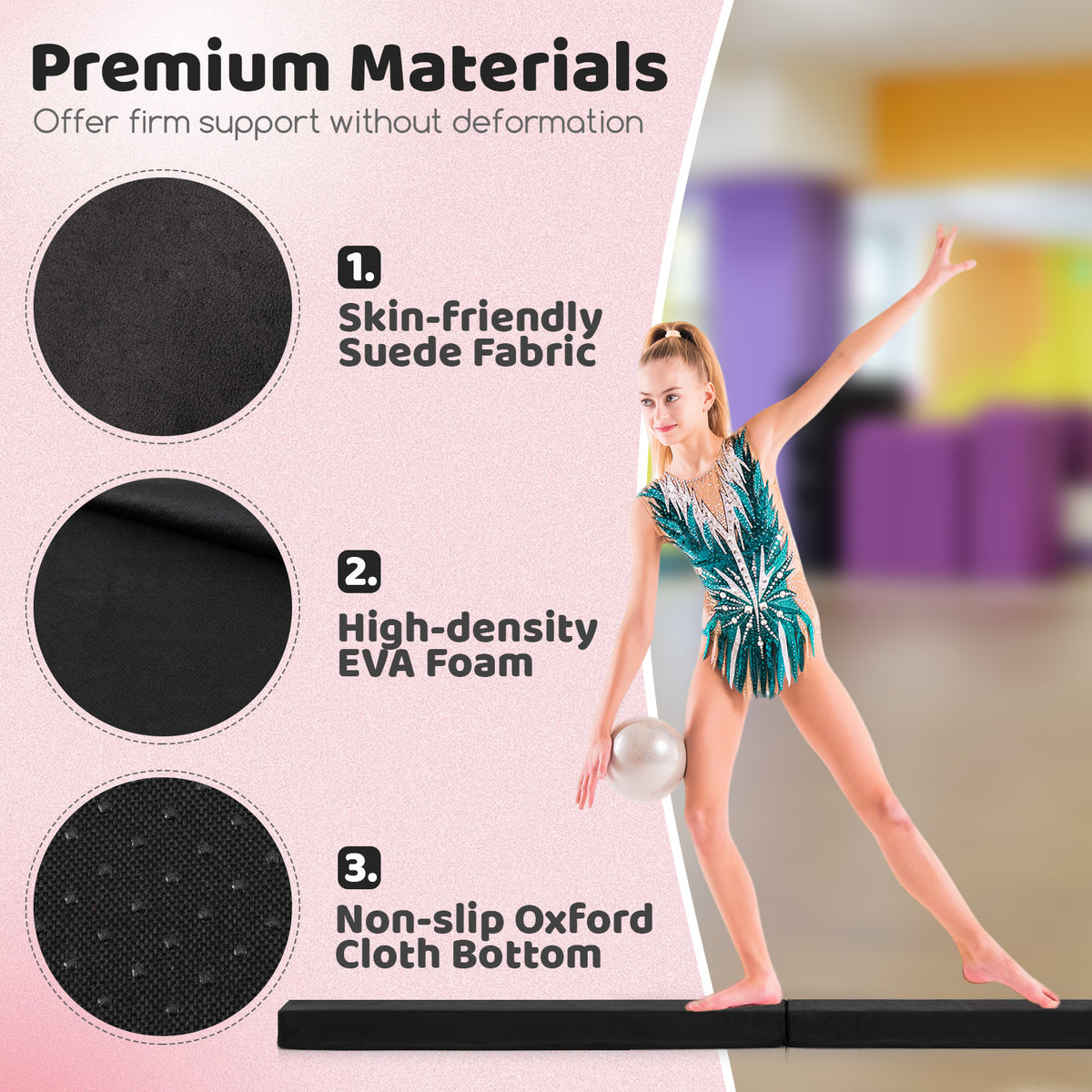 210 CM Folding Balance Beam with Removable Suede Cover and Non-slip Bottom for Kids-Black