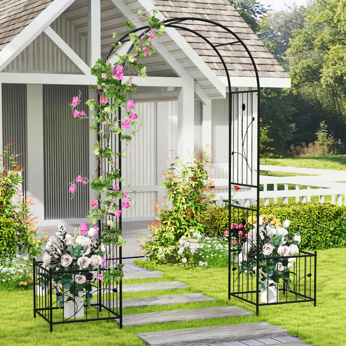 217 cm Arch Trellis Metal Garden Arbor with Planter Boxes-Black