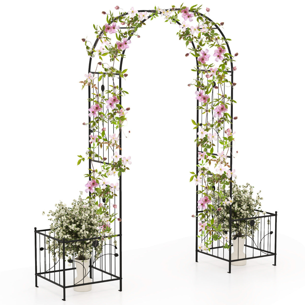 217 cm Arch Trellis Metal Garden Arbor with Planter Boxes-Black