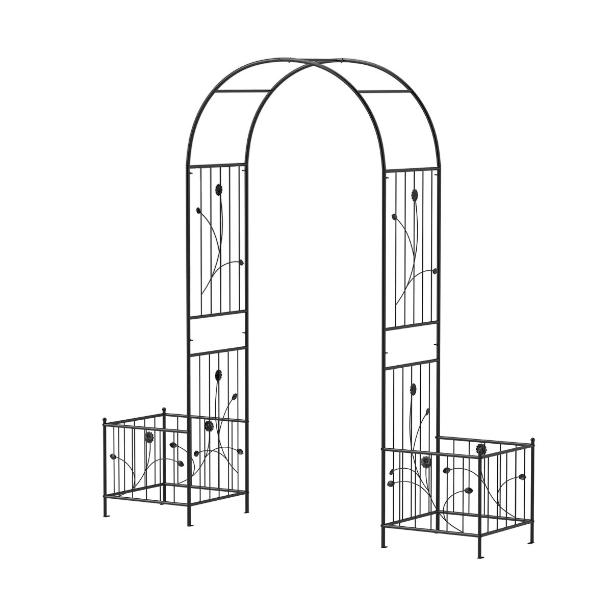 217 cm Arch Trellis Metal Garden Arbor with Planter Boxes-Black