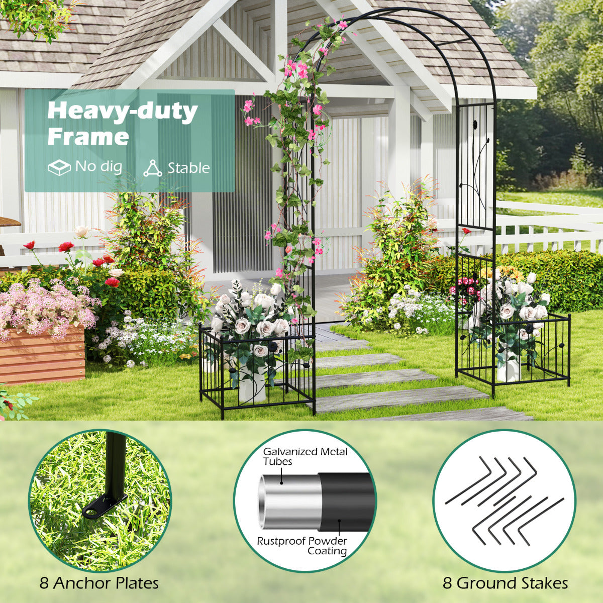 217 cm Arch Trellis Metal Garden Arbor with Planter Boxes-Black