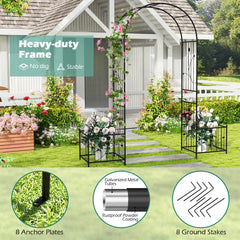217 cm Arch Trellis Metal Garden Arbor with Planter Boxes-Black