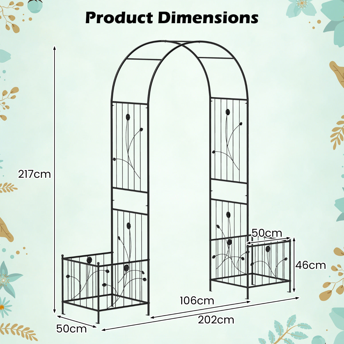 217 cm Arch Trellis Metal Garden Arbor with Planter Boxes-Black