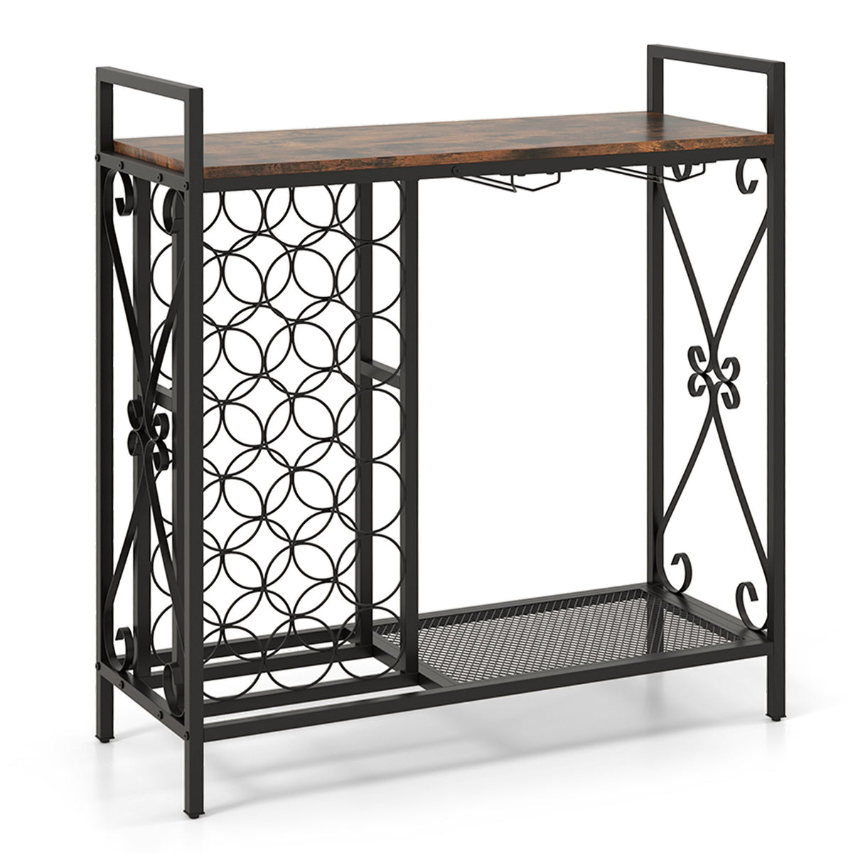 21 Bottle Wine Rack Freestanding with Glass Holder and Wooden Countertop-Rustic Brown