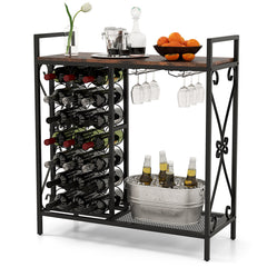 21 Bottle Wine Rack Freestanding with Glass Holder and Wooden Countertop-Rustic Brown