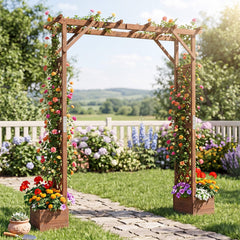 220cm Tall Wooden Garden Arbor with Planter Boxes and Hanging Roof-Orange