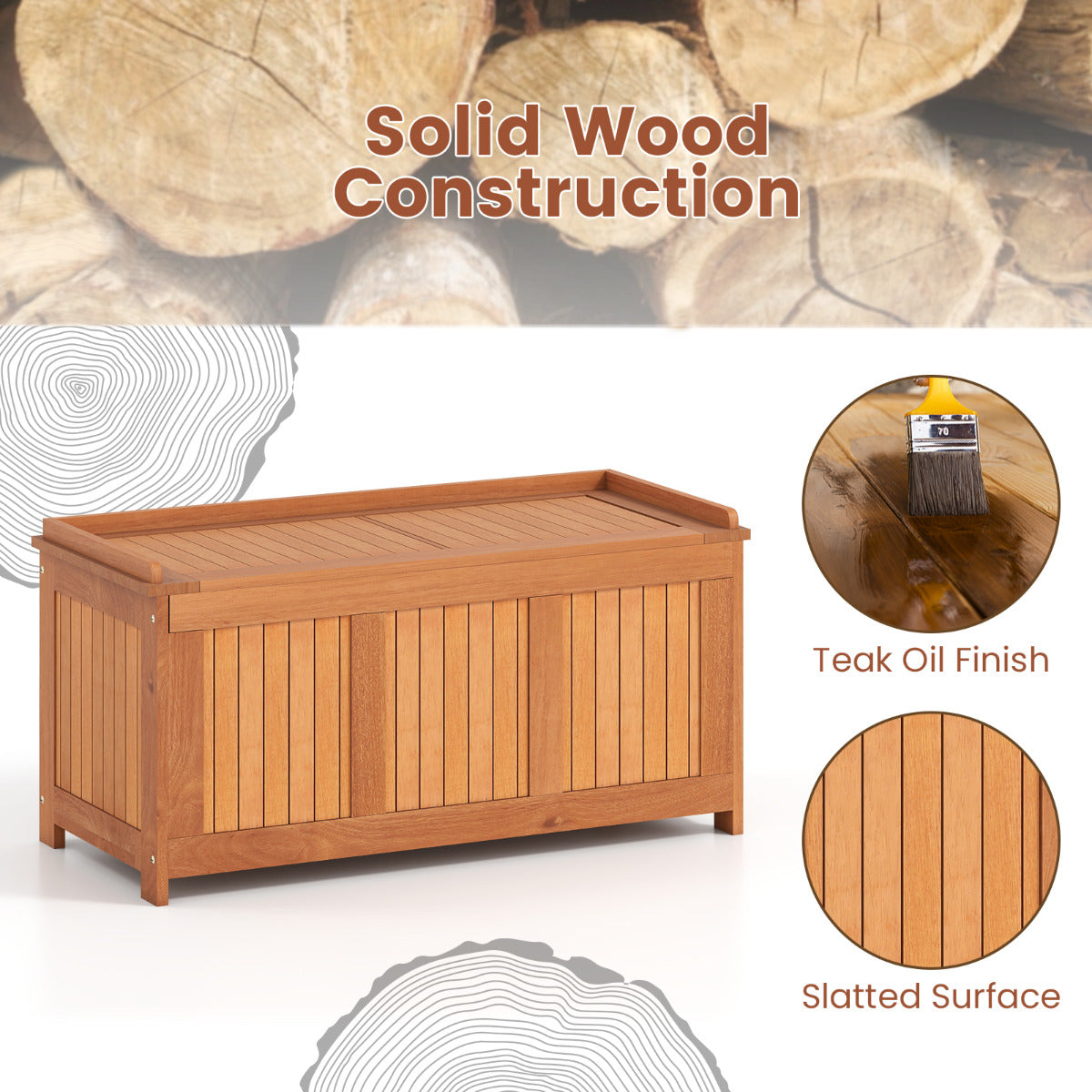 220L Wood Deck Box 3-in-1 Patio Storage Bench Stool with Flip Top for Cushions