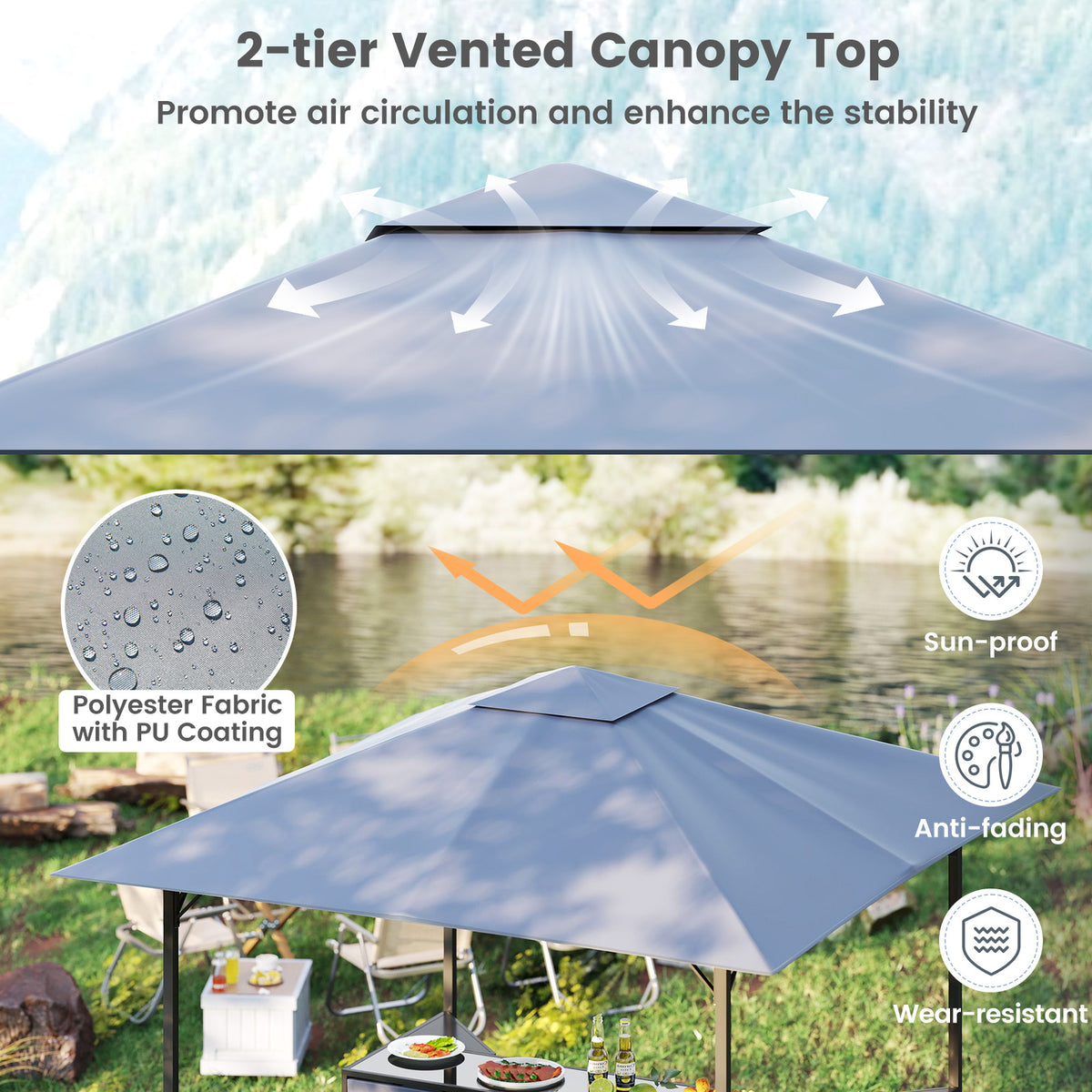 245 x 245 cm 3-Piece Patio Bar Set Grill Gazebo with Bar Stools and Table-Grey