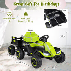 24V Kids Electric Vehicle with Parent Remote and Detachable Trailer for Boys Girls Aged 3+-Green