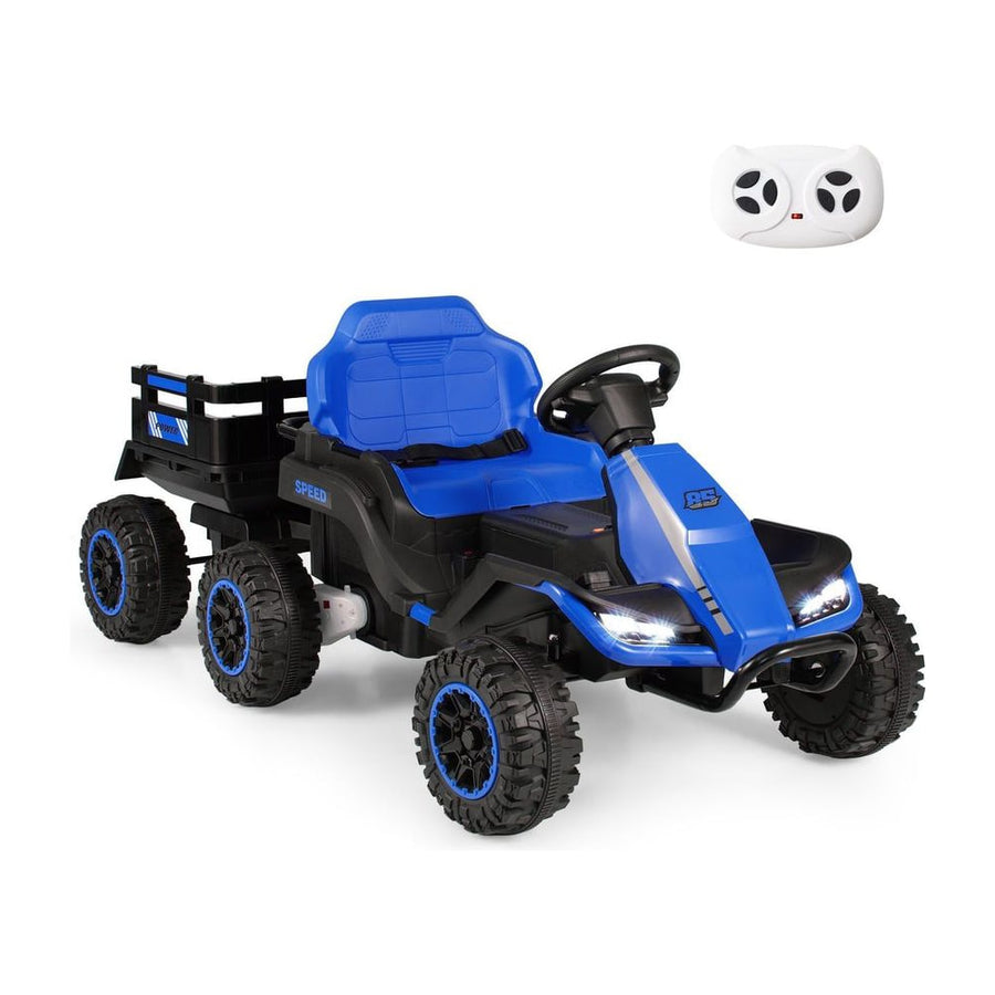 24V Kids Electric Vehicle in navy blue with a detachable trailer and a remote control